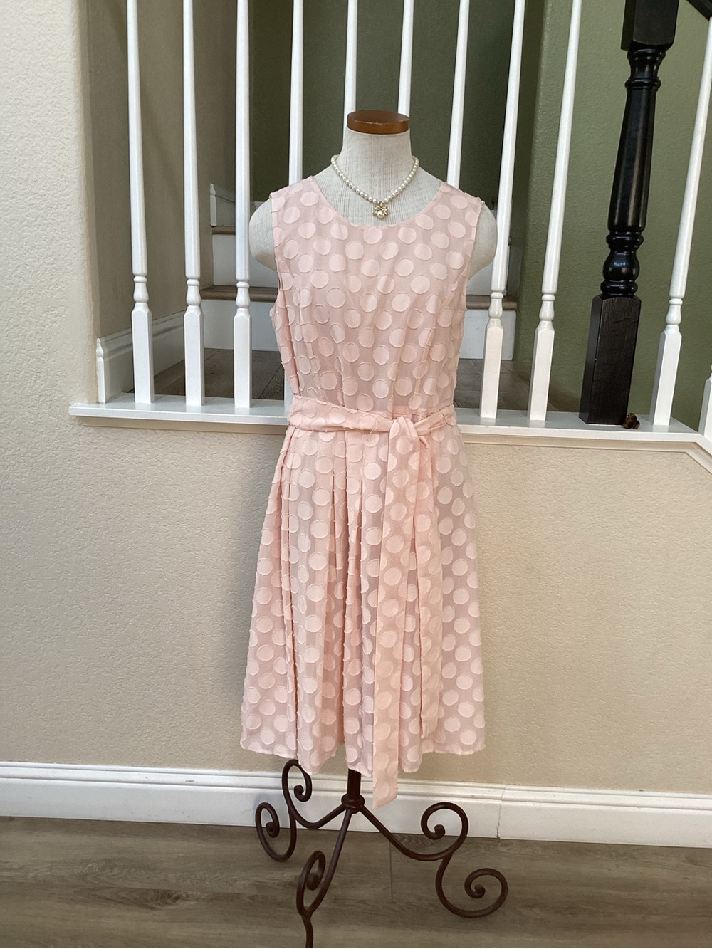 Tommy Hilfiger Light Pink Sleeveless Polka Dot A-Line Dress with Waist Tie